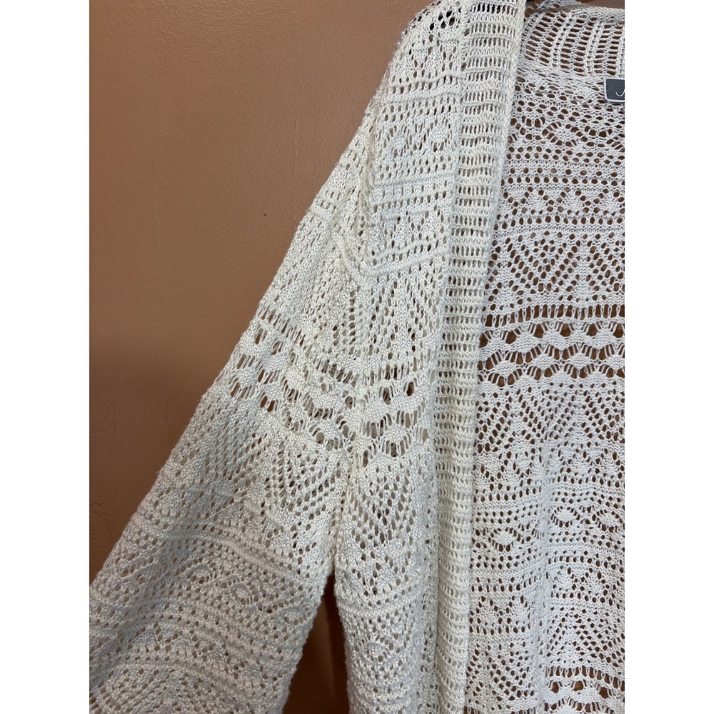JM Collection Women Ivory Pointelle Crochet Open Front Cardigan Sweater Large - Picture 2 of 5